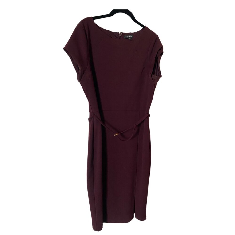 Express Knee-Length Maroon Sheath Dress with Belt - Size L